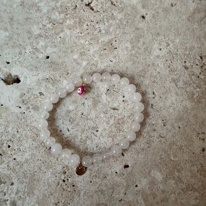 Baby Pink Quartz Beaded Elastic Bracelet with Evil Eye & Gold Charm